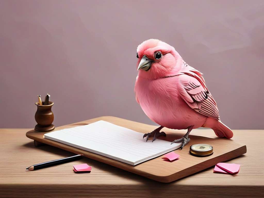 Ein rosa Vogel steht auf einem offenen Notizbuch auf einem Holzschreibtisch. Um das Notizbuch herum befinden sich ein schwarzer Bleistift, ein hölzerner Bleistifthalter mit ein paar Bleistiften, ein runder Behälter und einige verstreute rosa Haftnotizen. Der Hintergrund ist in einem sanften, abgestuften Rosa gehalten.