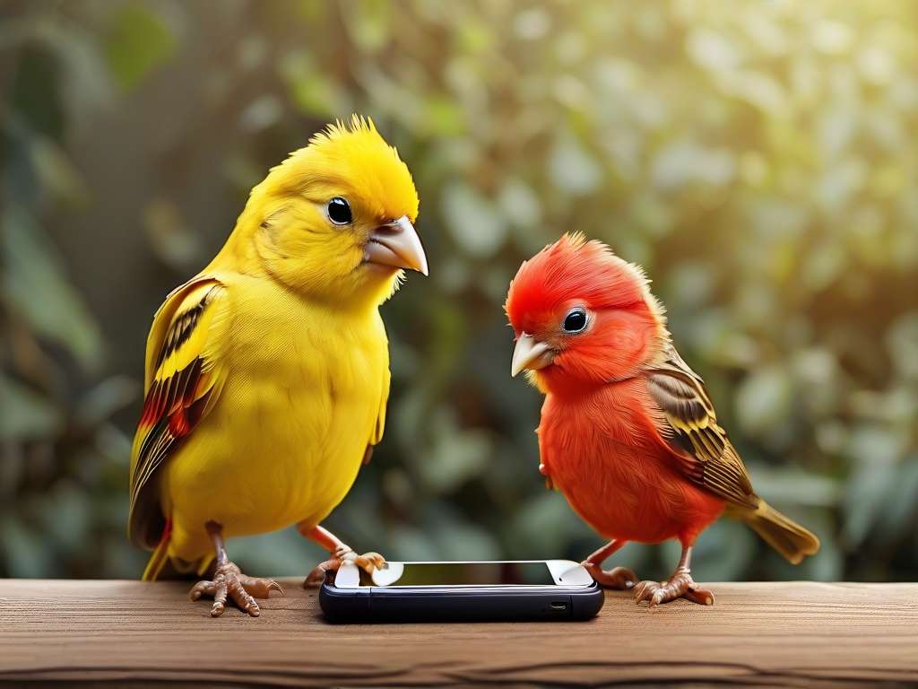 Zwei lebhafte Vögel sitzen auf einer Holzoberfläche neben einem Smartphone. Der Vogel links ist leuchtend gelb mit schwarzen und weißen Akzenten auf seinen Flügeln, während der Vogel rechts auffällig rot mit braunen Flügelmarkierungen ist. Der Hintergrund besteht aus sanft verschwommenem grünem Laub.
