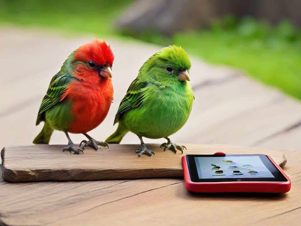 Zwei bunte Vögel sitzen draußen auf einem Holzbrett. Ein Vogel ist leuchtend rot mit grünen Flügeln, der andere ist hellgrün. Vor ihnen liegt ein Smartphone mit rotem Rahmen, auf dessen Bildschirm verschiedene App-Symbole angezeigt werden. Der Hintergrund ist mit Grün verschwommen und suggeriert eine natürliche Umgebung.