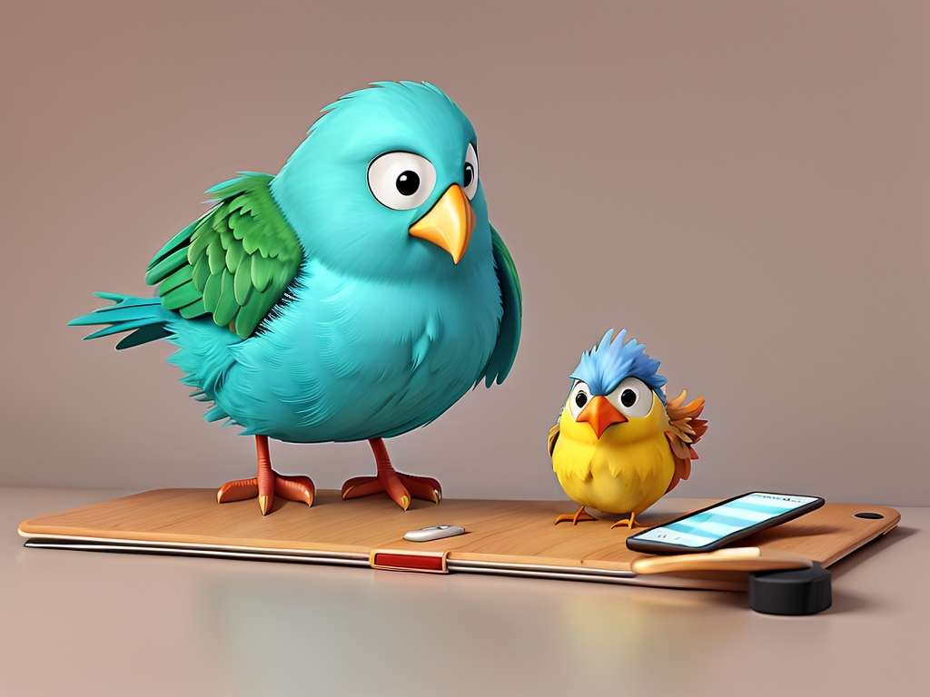 Ein großer, blauer Comic-Vogel mit grünen Flügeln steht auf einem geschlossenen, überdimensionalen Buch und schaut neugierig hinüber. Daneben steht ein kleinerer, gelber Comic-Vogel mit blauem Kamm auf dem Buch und schaut auf ein darauf liegendes Smartphone, als sei er von dem Gerät verwundert.