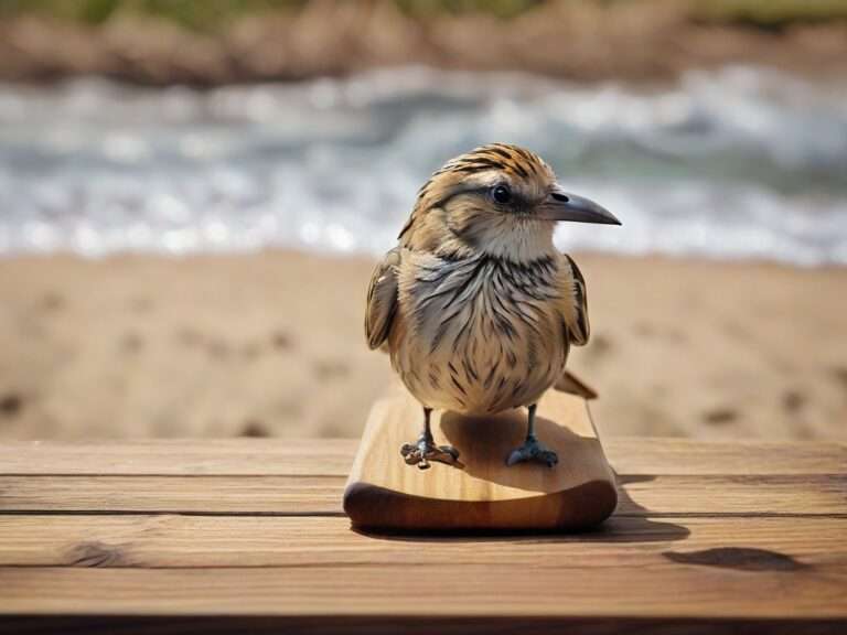 Ein kleiner Vogel mit braun-weiß gestreiften Federn sitzt auf einer Holzplattform. Sein spitzer Schnabel und seine aufmerksamen Augen sind auf die Kamera gerichtet. Im Hintergrund sind ein Sandstrand und eine verschwommene Ansicht des Ozeans zu sehen, wobei sanfte Wellen eine ruhige Atmosphäre schaffen.