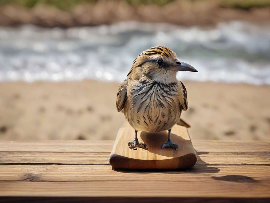 Ein kleiner Vogel mit braun-weiß gestreiften Federn sitzt auf einer Holzplattform. Sein spitzer Schnabel und seine aufmerksamen Augen sind auf die Kamera gerichtet. Im Hintergrund sind ein Sandstrand und eine verschwommene Ansicht des Ozeans zu sehen, wobei sanfte Wellen eine ruhige Atmosphäre schaffen.