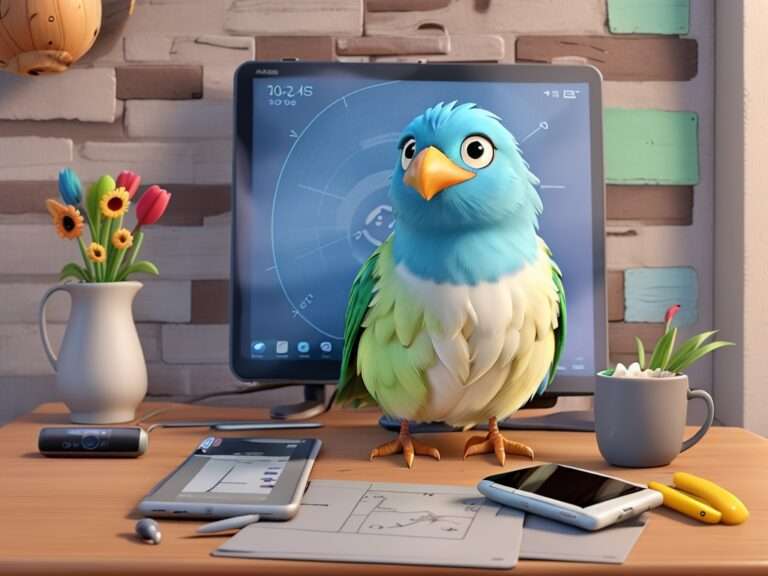 Ein lebhafter Vogel im Cartoon-Stil mit blauen und grünen Federn sitzt auf einem Schreibtisch vor einem Computermonitor. Der Schreibtisch ist vollgestopft mit technischen Geräten, Papieren, einem Smartphone, einem Tablet und einer Tasse mit Stiften. Im Hintergrund sind eine Backsteinmauer und eine Vase mit bunten Blumen zu sehen.