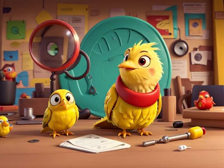 Eine Gruppe animierter gelber Vögel befindet sich in einer überfüllten Werkstatt voller Werkzeuge und Papiere. Ein großer Vogel trägt einen roten Schal und steht neben einem kleineren Vogel. Verschiedene Werkzeuge, darunter eine Lupe und ein Schraubenzieher, liegen verstreut herum. Der Hintergrund ist bunt mit geordneten Regalen und angehefteten Notizen.

.