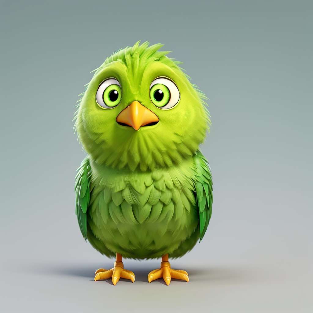 Ein grüner Vogel im Cartoon-Stil mit großen, ausdrucksstarken Augen, einem orangefarbenen Schnabel und winzigen Füßen steht nach vorne gerichtet. Seine Federn sind flauschig und lebendig, was ihm ein süßes und liebenswertes Aussehen verleiht. Der Hintergrund ist ein einfacher hellgrauer Farbverlauf, der den Vogel zum Mittelpunkt des Bildes macht.