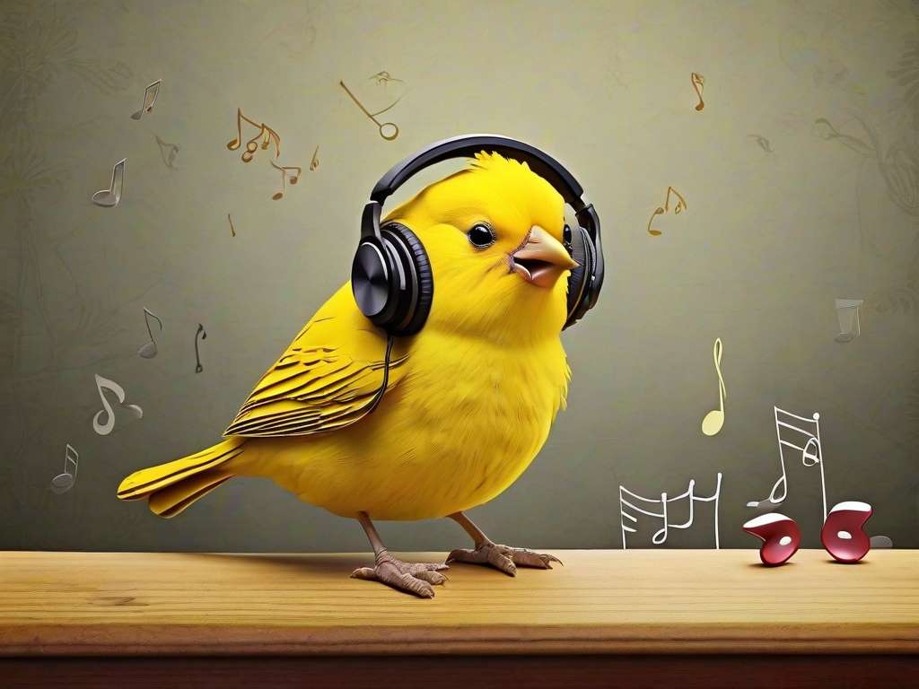Ein leuchtend gelber Kanarienvogel sitzt auf einer Holzoberfläche und trägt schwarze Kopfhörer. Musiknoten schweben um den Vogel herum und lassen vermuten, dass er die Musik genießt. In der unteren rechten Ecke befinden sich einige zusätzliche Musiknoten und Symbole, die die lebhafte Atmosphäre verstärken.