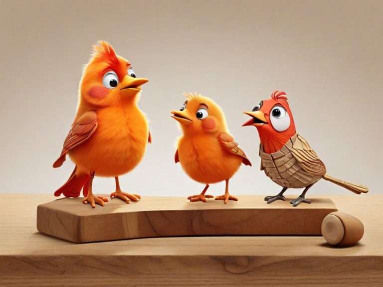 Eine skurrile Szene zeigt drei lebhafte, orangefarbene Vögel mit ausdrucksstarken Augen. Zwei Vögel haben flauschige Federn, während einer einen aus Holz geschnitzten Körper mit einer roten Feder hat. Sie stehen auf einer Holzstange vor einem einfachen, hellbeigen Hintergrund und unterhalten sich lebhaft.