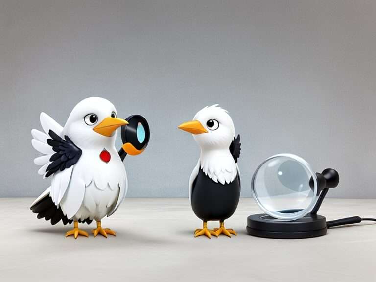 Eine Illustration von zwei Comic-Vögeln. Ein Vogel hält eine Lupe in seinem Flügel und untersucht den anderen Vogel. Beide Vögel sind weiß mit schwarzen Markierungen und gelben Schnäbeln und Füßen. Eine größere Lupe, die auf einem Ständer montiert ist, befindet sich rechts von ihnen auf einer grauen Oberfläche. Der Hintergrund ist schlicht grau.