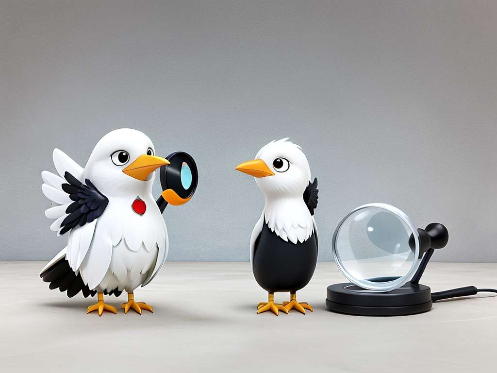 Eine Illustration von zwei Comic-Vögeln. Ein Vogel hält eine Lupe in seinem Flügel und untersucht den anderen Vogel. Beide Vögel sind weiß mit schwarzen Markierungen und gelben Schnäbeln und Füßen. Eine größere Lupe, die auf einem Ständer montiert ist, befindet sich rechts von ihnen auf einer grauen Oberfläche. Der Hintergrund ist schlicht grau.