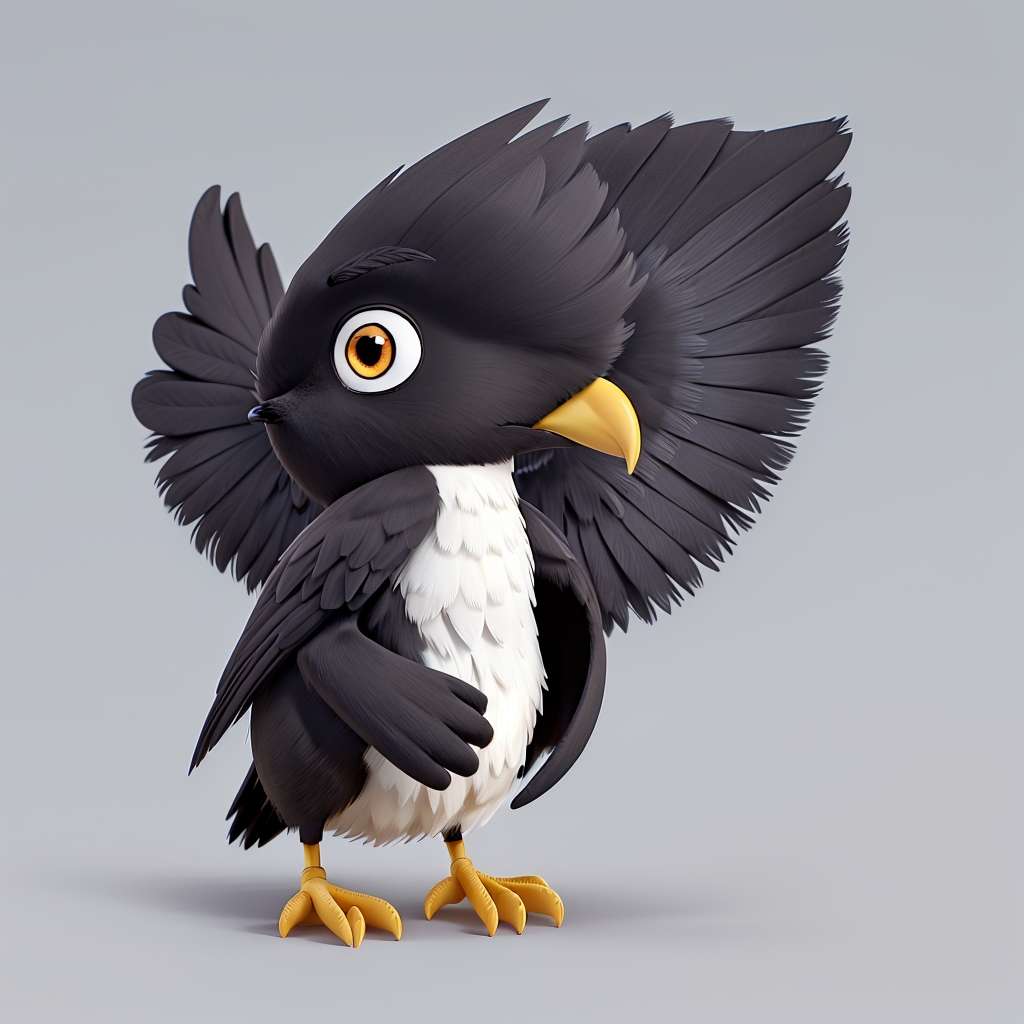 Ein digital animierter Vogel im Cartoon-Stil mit schwarzen Federn, weißer Brust und gelbem Schnabel und Füßen steht vor einem schlichten grauen Hintergrund. Der Vogel hat große, ausdrucksstarke Augen und einen Flügel, der wie zum Flügelschlag erhoben ist, was ihm ein dynamisches und lebendiges Aussehen verleiht.
