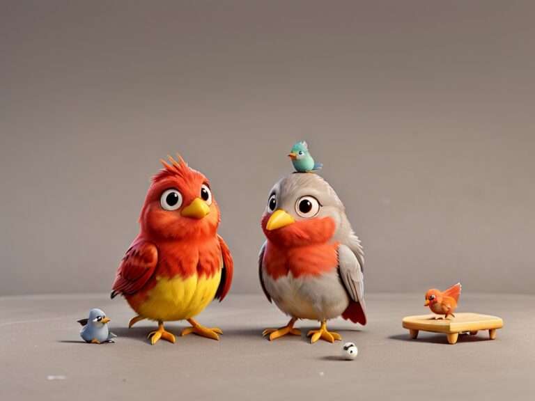 Eine Gruppe von fünf bunten Vögeln im Cartoon-Stil. In der Mitte befinden sich zwei größere Vögel; der linke ist rot und gelb, der rechte ist grau und rot mit einem kleinen blauen Vogel auf dem Kopf. Zwei kleinere Vögel, einer blau und einer rot, liegen zu ihren Füßen, wobei der rote Vogel auf einer kleinen Holzstange steht.
