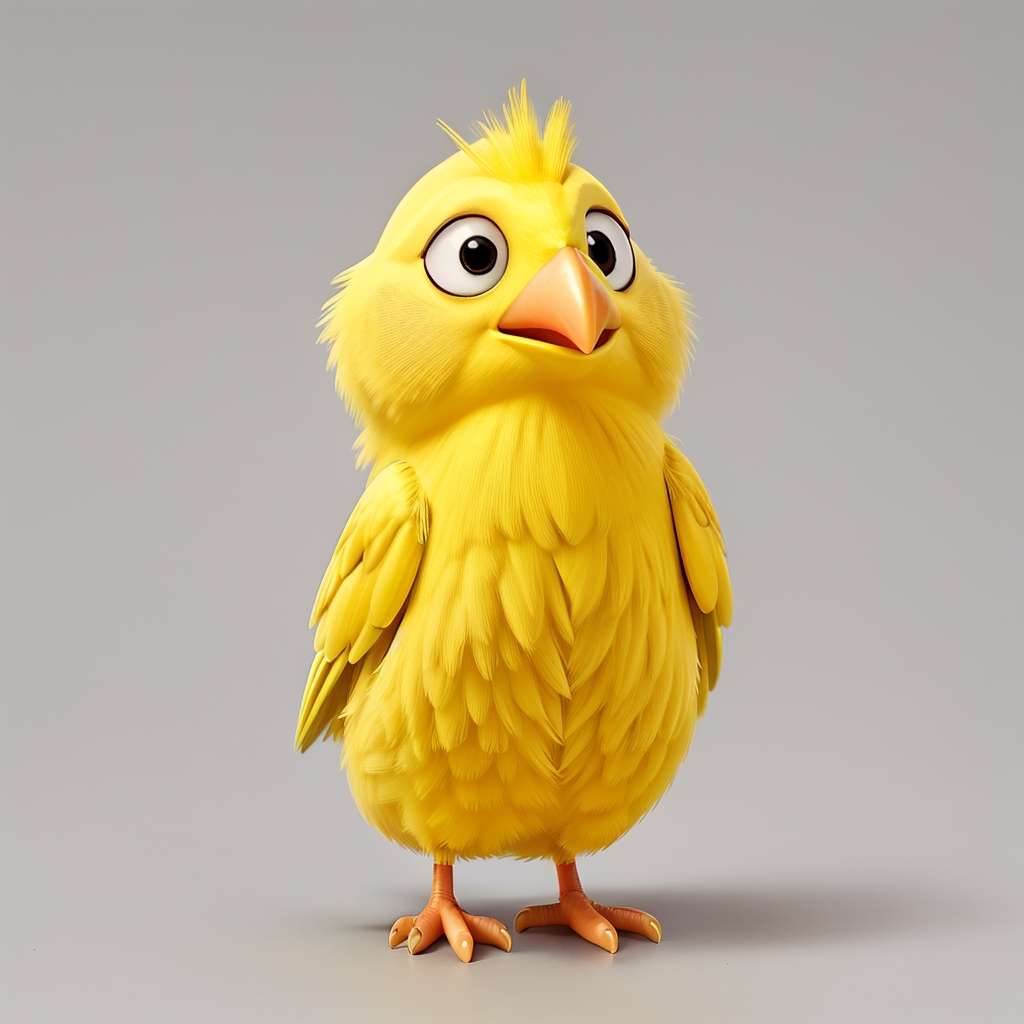 Ein süßer, animierter gelber Vogel mit großen, ausdrucksstarken Augen steht aufrecht auf zwei orangefarbenen Füßen. Der Vogel hat einen runden Körper, flauschige Federn und einen Federbüschel auf dem Kopf. Sein Schnabel ist orange und er hat kleine Flügel. Der Hintergrund ist schlicht grau, wodurch der Vogel zum Mittelpunkt wird.