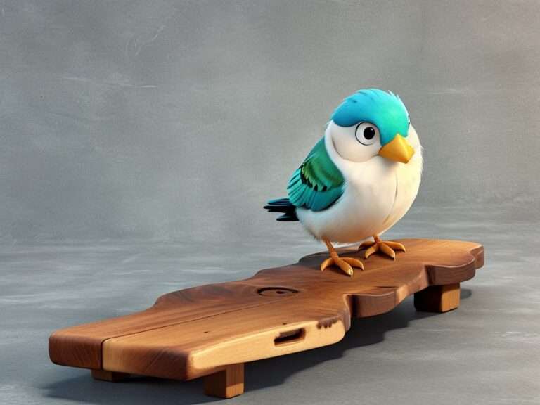 Ein kleiner, animierter Vogel mit blauen und grünen Federn und einem weißen Bauch sitzt auf einem Holzbrett mit einer glatten, natürlichen Oberfläche. Der Vogel hat große, runde Augen und einen orangefarbenen Schnabel, was ihm ein ausdrucksstarkes und niedliches Aussehen verleiht. Der Hintergrund ist eine einfache, strukturierte graue Oberfläche.