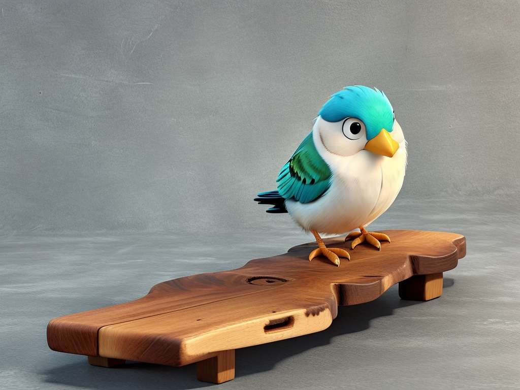 Ein kleiner, animierter Vogel mit blauen und grünen Federn und einem weißen Bauch sitzt auf einem Holzbrett mit einer glatten, natürlichen Oberfläche. Der Vogel hat große, runde Augen und einen orangefarbenen Schnabel, was ihm ein ausdrucksstarkes und niedliches Aussehen verleiht. Der Hintergrund ist eine einfache, strukturierte graue Oberfläche.