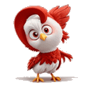 Ein niedlicher animierter Vogelcharakter mit einem rot-weiß gefiederten Körper, auffallend großen Augen und einem fragenden Gesichtsausdruck. Der rote Kamm des Vogels wölbt sich über seinem Kopf und sein gelber Schnabel und seine Füße fallen auf.