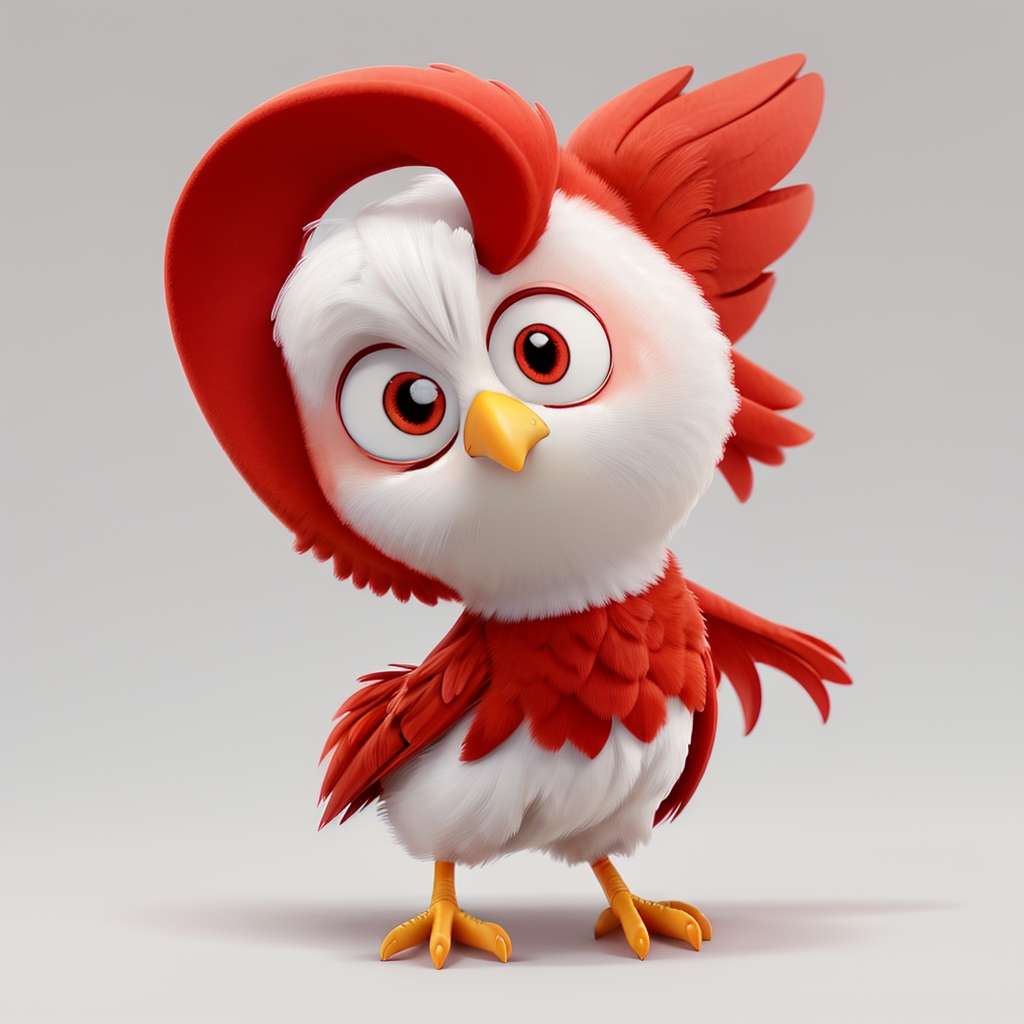 Ein süßer, animierter rot-weißer Vogel mit großen, ausdrucksstarken Augen und einer neugierigen Pose, der seinen Kopf leicht zur Seite neigt. Die roten Federn des Vogels kontrastieren mit seiner flauschigen weißen Brust und seinem Gesicht. Sein leuchtend gelber Schnabel und seine Füße verleihen seinem charmanten Aussehen eine fröhliche Note. Der Hintergrund ist schlicht grau.