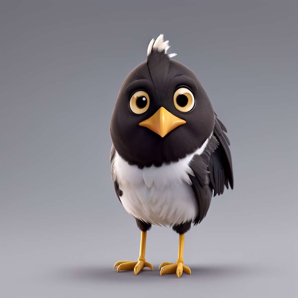 Ein 3D-animierter Vogel mit großen, runden Augen, einem gelben Schnabel und schwarzen und weißen Federn steht vor einem grauen Hintergrund. Der Vogel hat einen kleinen Büschel weißer Federn auf dem Kopf, einen runden Körper und gelbe Beine mit jeweils drei Zehen. Seine großen Augen verleihen ihm einen neugierigen und liebenswerten Ausdruck.