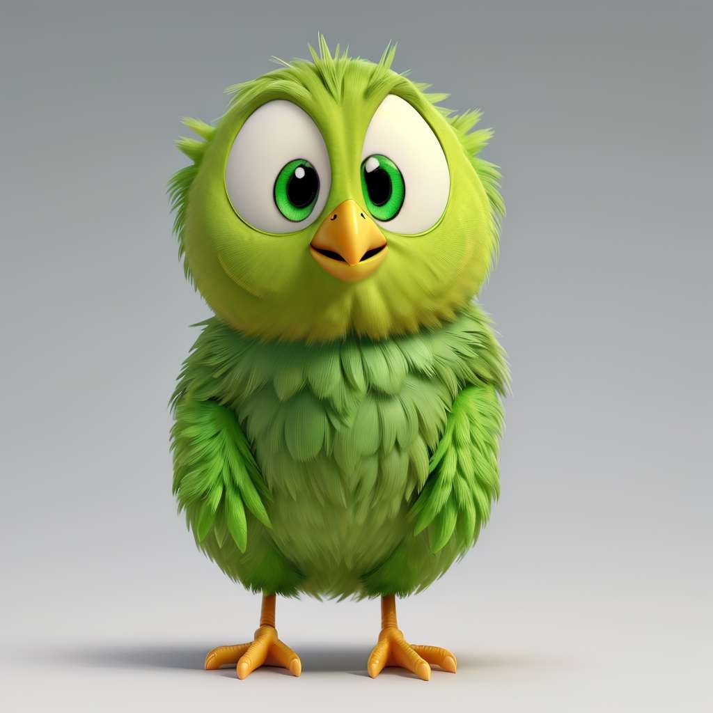Eine süße grüne Cartoon-Eule steht vor einem schlichten Hintergrund. Die Eule hat große, ausdrucksstarke Augen, flauschige Federn und kleine Flügel, die eng am Körper anliegen. Ihr Schnabel und ihre Füße sind orange und bilden einen Kontrast zu ihrem grünen Gefieder. Die Eule hat einen neugierigen und liebenswerten Gesichtsausdruck.