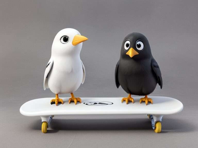 Zwei Comic-Vögel, einer weiß mit gelbem Schnabel und einer schwarz mit gelbem Schnabel, stehen auf einem weißen Skateboard mit gelben Rädern vor einem grauen Hintergrund. Beide Vögel haben große, ausdrucksstarke Augen, die ihnen ein süßes und lebendiges Aussehen verleihen.