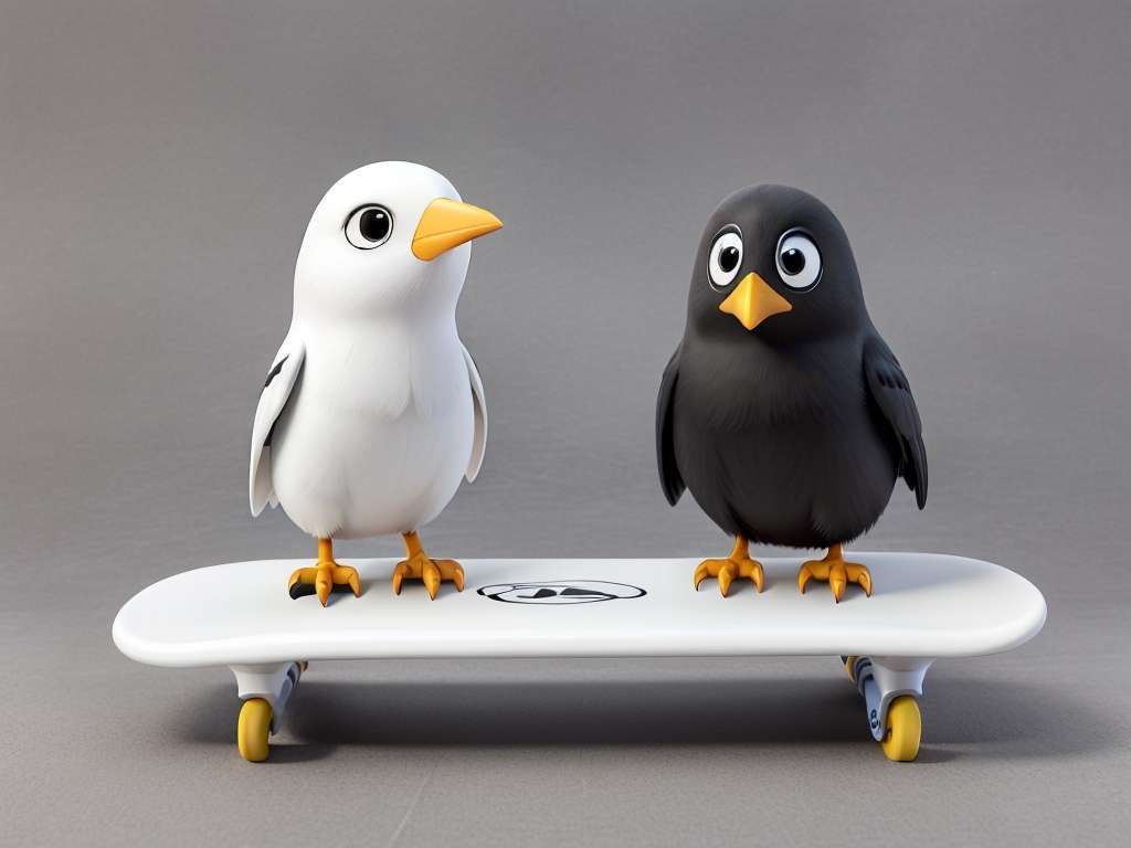 Zwei Comic-Vögel, einer weiß mit gelbem Schnabel und einer schwarz mit gelbem Schnabel, stehen auf einem weißen Skateboard mit gelben Rädern vor einem grauen Hintergrund. Beide Vögel haben große, ausdrucksstarke Augen, die ihnen ein süßes und lebendiges Aussehen verleihen.