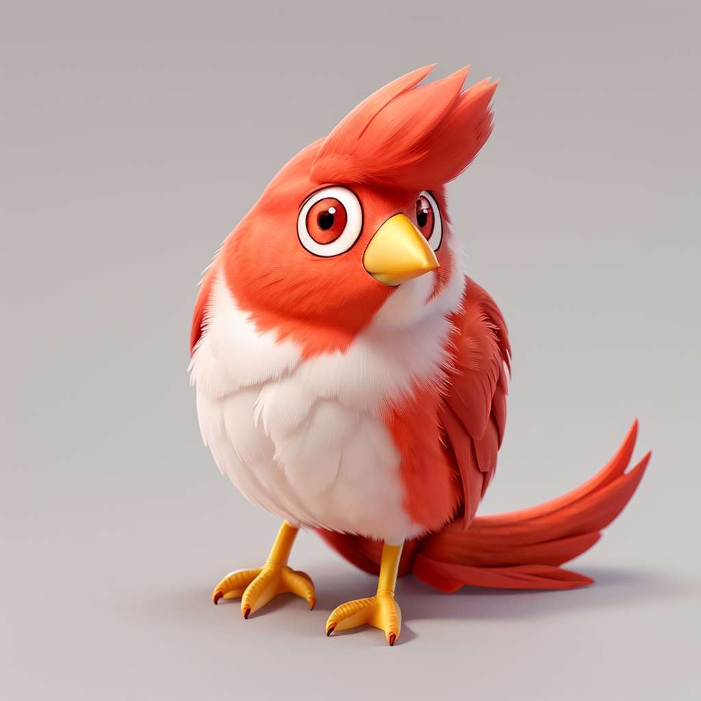 Ein süßer, animierter Vogel mit leuchtend orange-weißem Gefieder steht auf einem neutralen Hintergrund. Er hat einen flauschigen weißen Bauch, ausdrucksstarke große runde Augen, einen gelben Schnabel und einen Federkamm auf dem Kopf. Die Schwanzfedern des Vogels sind lang und elegant gebogen.