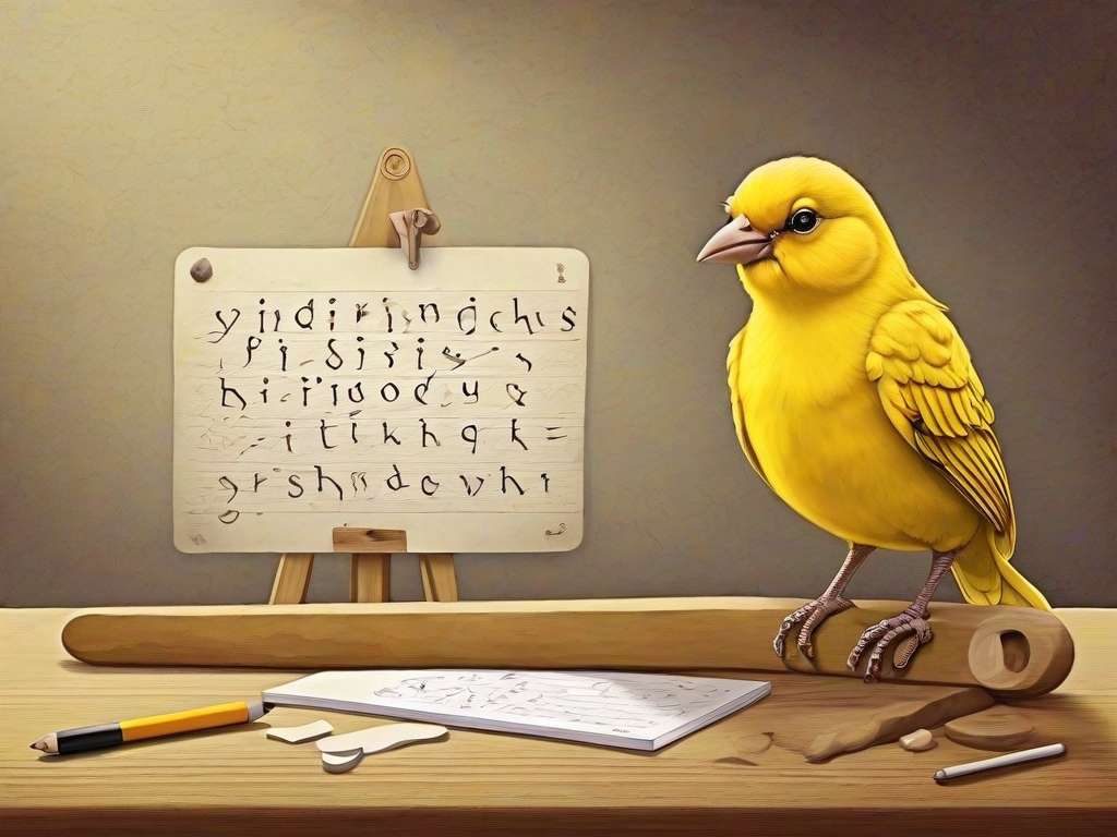 Auf einem Holzschreibtisch sitzt ein leuchtend gelber Vogel mit einer aufgerollten Schriftrolle, einem Bleistift und einem Blatt Papier, auf dem etwas geschrieben steht. Hinter dem Vogel steht eine Staffelei mit einem Blatt Papier, auf dem ein handgeschriebener Text in einer unbekannten Schrift zu lesen ist. Der Hintergrund ist eine schlichte, neutral gefärbte Wand.