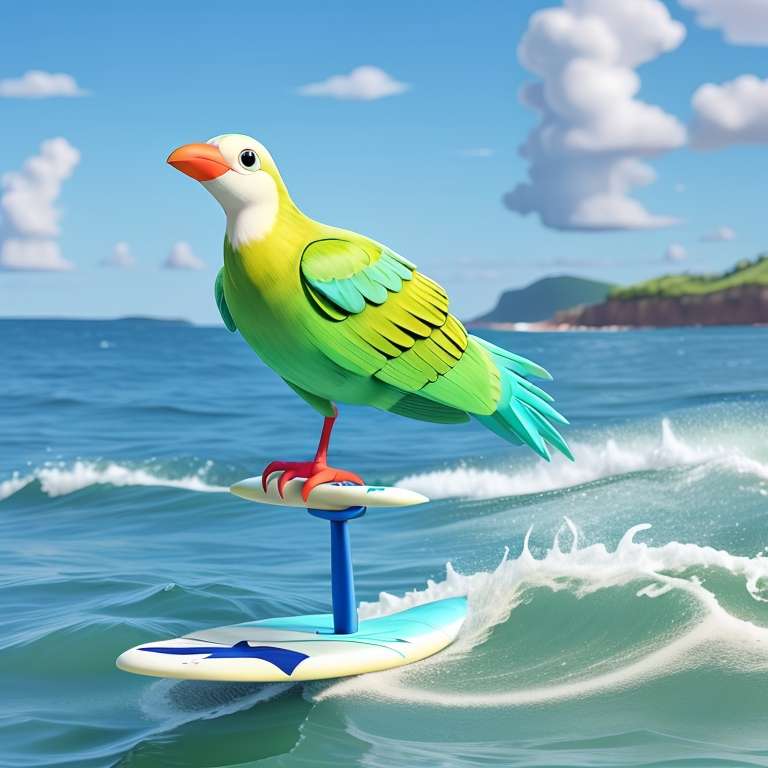 Ein bunter Papagei balanciert auf einem kleinen Tragflächen-Surfbrett im Meer. Der Papagei hat leuchtend grüne und blaue Federn, eine weiße Brust und einen leuchtend orangefarbenen Schnabel. Der Hintergrund bietet eine malerische Aussicht auf die Küste mit Klippen und flauschigen weißen Wolken in einem blauen Himmel.