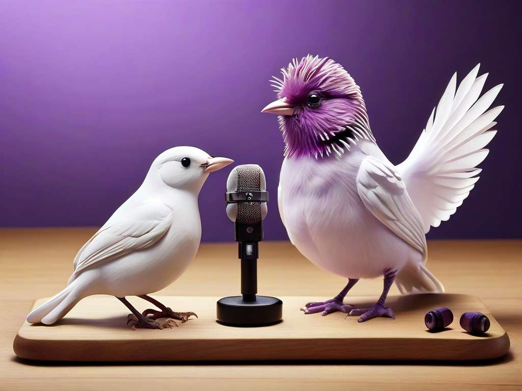Zwei Vögel stehen auf einer Holzplattform. Der Vogel links ist weiß und kleiner, während der Vogel rechts violette Akzente hat und größer ist und leicht ausgebreitete Flügel hat. Zwischen ihnen ist ein Mikrofon platziert und violette Ohrhörer liegen auf der Plattform. Der Hintergrund ist violett.