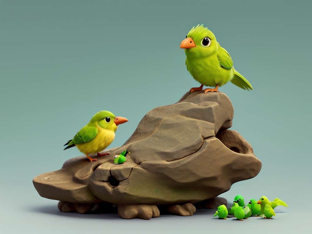 Eine Szene zeigt zwei grüne Vögel mit orangefarbenen Schnäbeln, die auf einem großen Felsen sitzen. Ein Vogel sitzt oben, während der andere weiter unten ist. In der Nähe haben sich sechs kleine grüne Küken versammelt. Der Hintergrund ist in einem einfachen, hellen Blaugrün gehalten, wodurch die Vögel und der Felsen hervorgehoben werden.