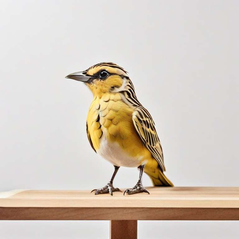 Ein kleiner Vogel mit leuchtend gelber Unterseite und auffällig schwarz-weiß gestreiftem Kopf sitzt auf einer Holzoberfläche vor einem schlichten weißen Hintergrund. Die Flügel des Vogels sind eine Mischung aus Gelb und Braun und er hat einen spitzen Schnabel. Er steht aufrecht und wachsam.