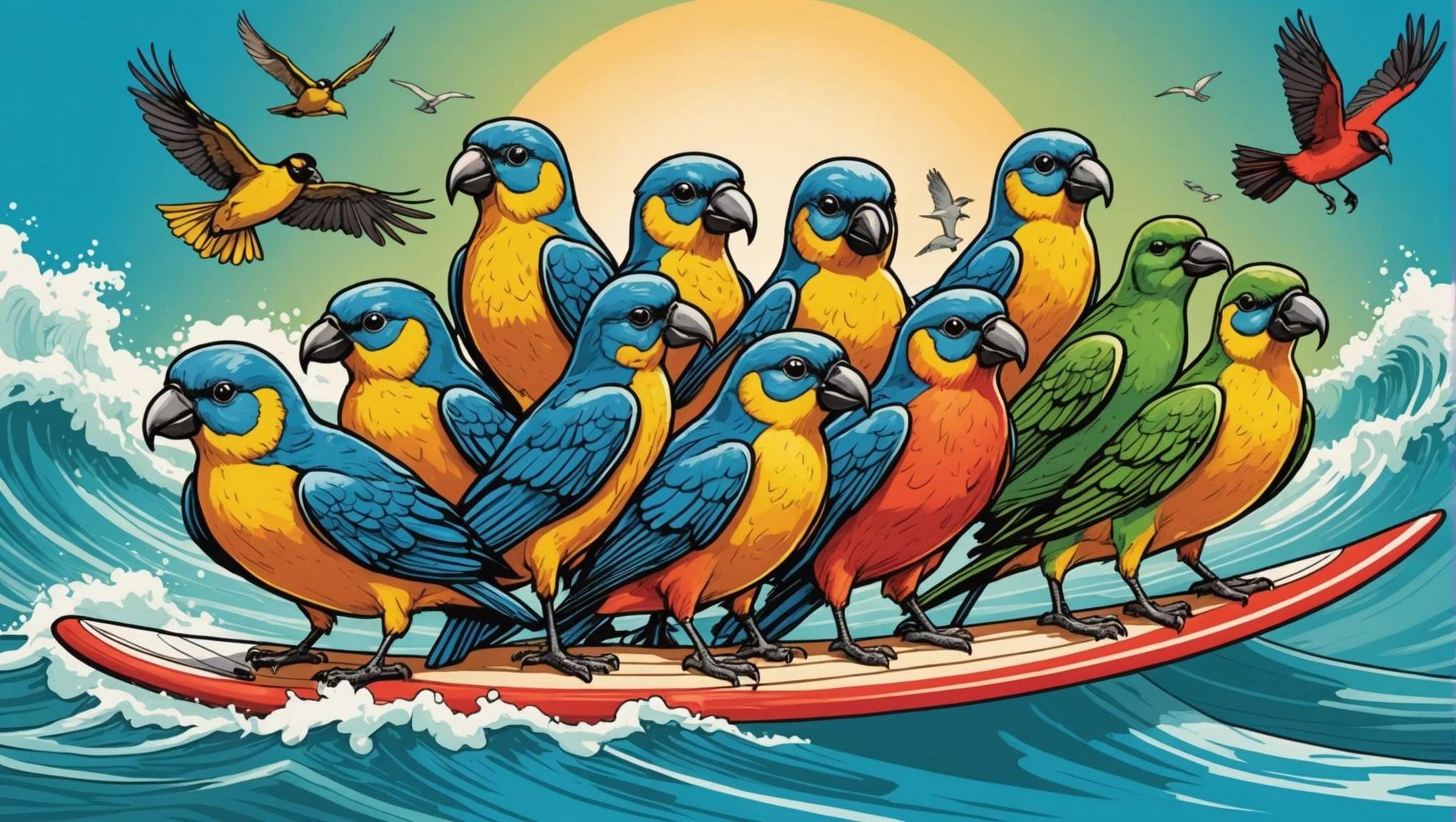 Eine farbenfrohe Illustration zeigt eine Gruppe Papageien mit leuchtend blauem, orangefarbenem, rotem und grünem Gefieder, die auf einem rot-weißen Surfbrett stehen und auf einer Welle reiten. Im Hintergrund fliegen verschiedene Vögel vor einem sonnigen Himmel mit einer großen Sonne und rufen eine lebendige, tropische Szene hervor.