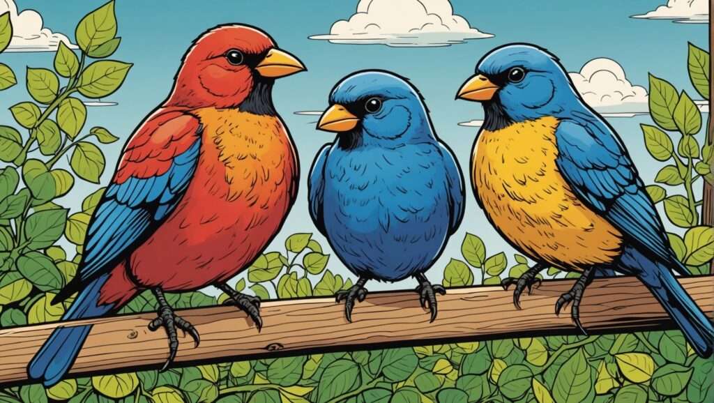 Drei bunte Vögel – einer rot, einer blau und einer mit einer Mischung aus Blau und Orange – sitzen auf einem Ast vor einem Hintergrund aus grünen Blättern und einem blauen Himmel mit weißen Wolken. Die Vögel sind in einem lebendigen, cartoonartigen Stil illustriert.