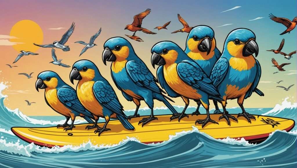 Eine Gruppe von sechs blauen und gelben Papageien sitzt auf einem gelben Surfbrett und reitet auf den Wellen des Ozeans. Der Himmel hat einen Farbverlauf von Orange nach Blau mit einer untergehenden Sonne. Im Hintergrund fliegen Möwen und andere Vögel. Die Szene ist lebendig und skurril und verbindet natürliche Elemente mit einem spielerischen Twist.