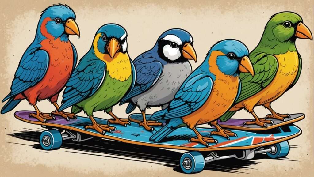 Fünf bunte Vögel stehen auf einem Skateboard. Von links nach rechts sind sie überwiegend rot, grün, blau, grau mit weißen und blauen Akzenten und grün mit etwas Orange. Das Skateboard hat ein lebendiges Design mit verschiedenen Farben und Mustern. Der Hintergrund ist beige und hat eine Papierstruktur.