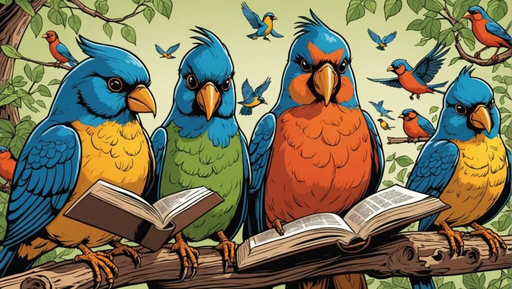 Vier bunte Vögel sitzen auf einem Ast und halten jeweils ein offenes Buch in der Hand. Die Vögel sind blau und gelb, grün und blau, rot und blau bzw. orange und blau. Zahlreiche kleinere Vögel fliegen im Hintergrund zwischen grünen Blättern und schaffen eine lebhafte, skurrile Szene, die an ein lebendiges Netzwerk erinnert.