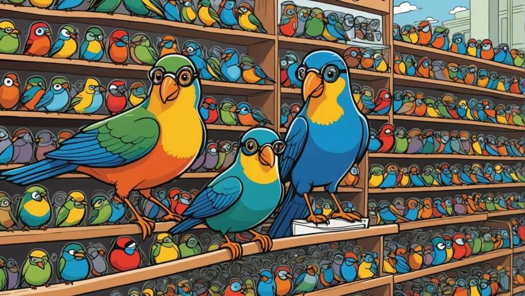 Eine farbenfrohe Illustration von Vögeln mit Brillen, die auf einem Ast in einem Raum mit zahlreichen Regalen sitzen, wie man sie in Webshops findet. Die Vögel zeigen eine Vielzahl von hellen Farbtönen und Mustern. Der Hintergrund zeigt eine Auswahl an Vögeln, jedes Regal ist voll mit farbenfroh gefiederten Kreaturen.